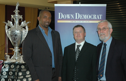 Phil Simmons (National Coach), Kieron Maloney (TCH) and Ivan Anderson (NCU President) at the Challenge Cup draw