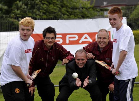 L-R, Jonathan Rutherford; Robert Rankin (Coach); Stephen Hamilton, Channel Marketing Manager, Henderson Group (owners of the SPAR franchise); Ivan Black (Chairman Bready CC) and Andrew Flemming.